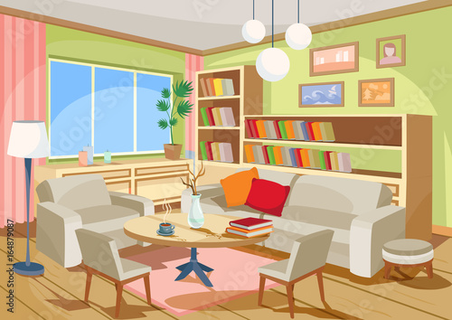 Vector illustration of a cozy cartoon interior of a home room, a living room with a sofa, armchairs, coffee table, chest of drawers, book shelf and window curtains © vectorpocket