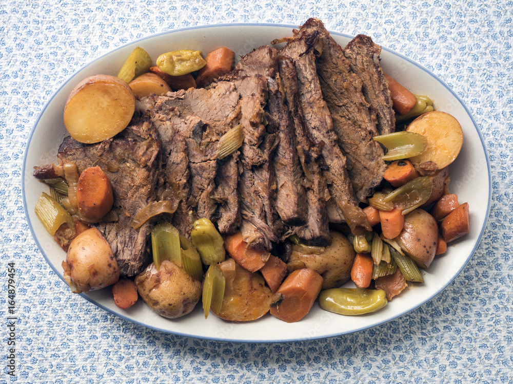 Beef Roast and Veggies Overhead View Beef Roast and Veggies Overhead View