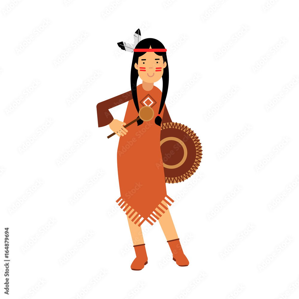 Native american indian girl in traditional costume playing on a ...