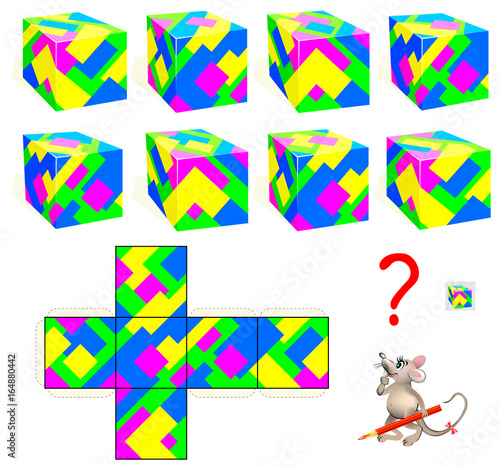 Logic puzzle game. Find the only one cube that corresponds to pattern. Vector  cartoon image.