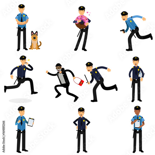Policeman characters doing their job set, policemen at work vector Illustrations