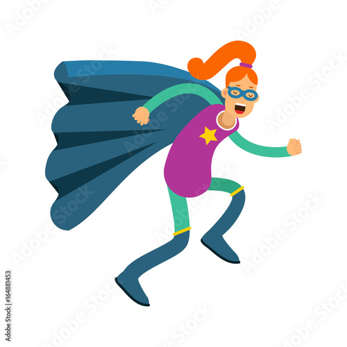 Young redhead woman in classic superhero costume and a blue cape vector Illustration