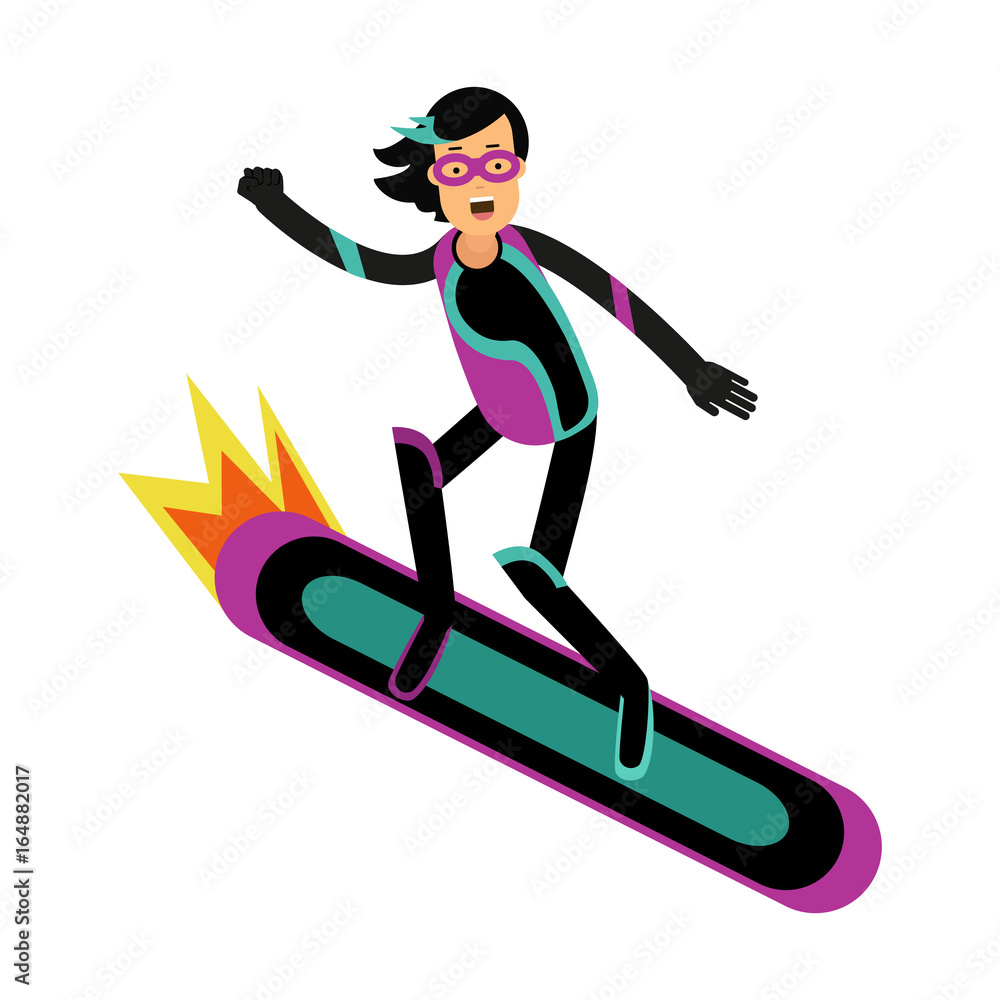 Young brunette woman in a superhero costume flying on a snowboard vector Illustration