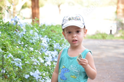 Cute beautiful baby kid little boys playing near a beautiful bush of flowers with a dollar bill in hand in a white cap sitting on his haunches