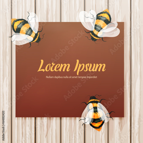 Background (backdrop) card (invitation) template (mockup). Paper on a wooden desk with bees (bumblebees) in soft pleasant colors