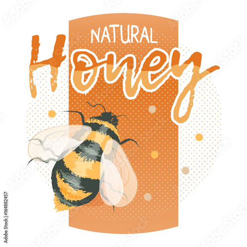 Natural honey logo with bee (bumblebee), halftone and dots in pleasant colors