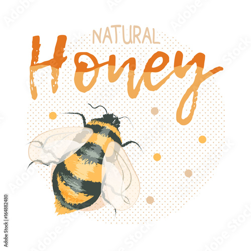 Natural honey logo with bee (bumblebee), halftone and dots in pleasant colors