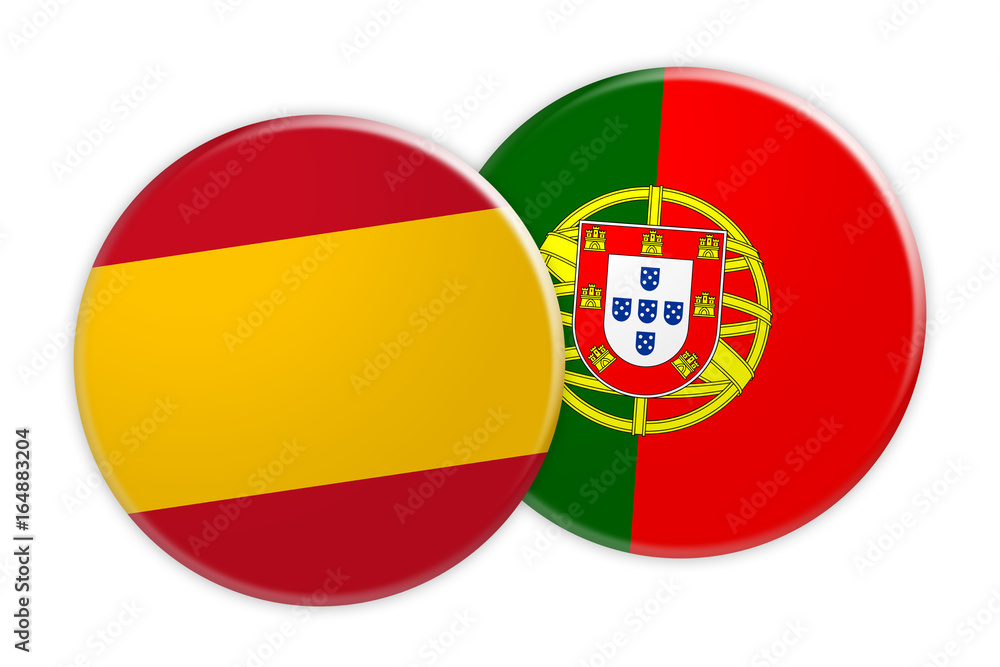 News Concept: Spain Flag Button On Portugal Flag Button, 3d illustration on white background News Concept: Spain Flag Button On Portugal Flag Button, 3d illustration on white background