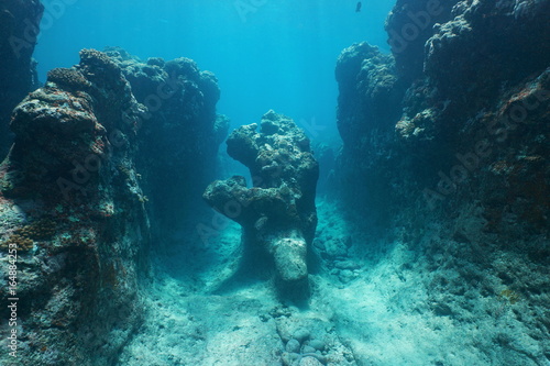 Natural rock formation underwater on the ocean floor carved by the waves in the outer reef of Huahine island, Pacific ocean, French Polynesia
