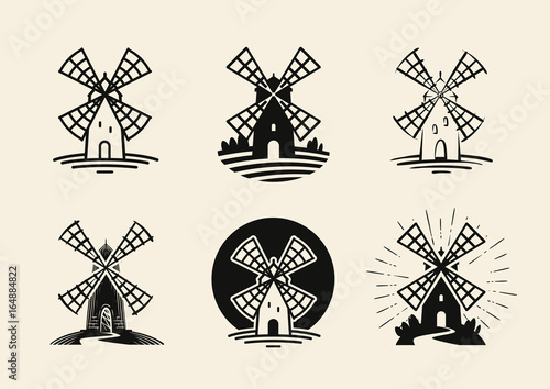 Windmill, mill logo or label. Flour, bakery icons set. Vector illustration