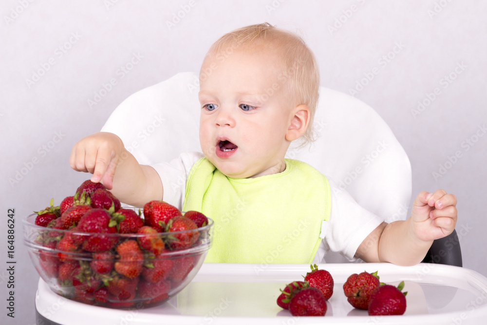 Open mouthed adorable toddler choosing strawberries. Cute baby boy eating strawberries Open mouthed adorable toddler choosing strawberries. Cute baby boy eating strawberries