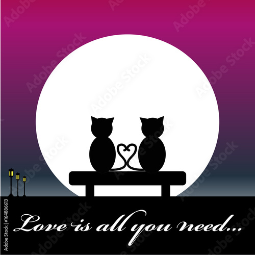 Cats in love sitting on bench with moon