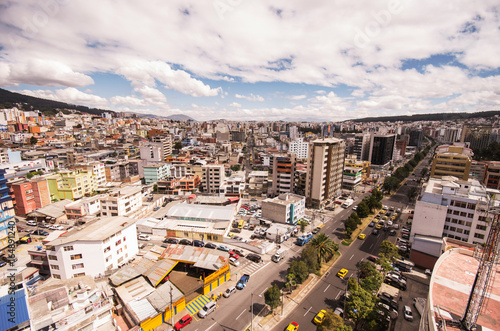 Beautiful view from modern part of Quito mixing new architecture with charming streets and green sourroundings, north part of the city of Quito