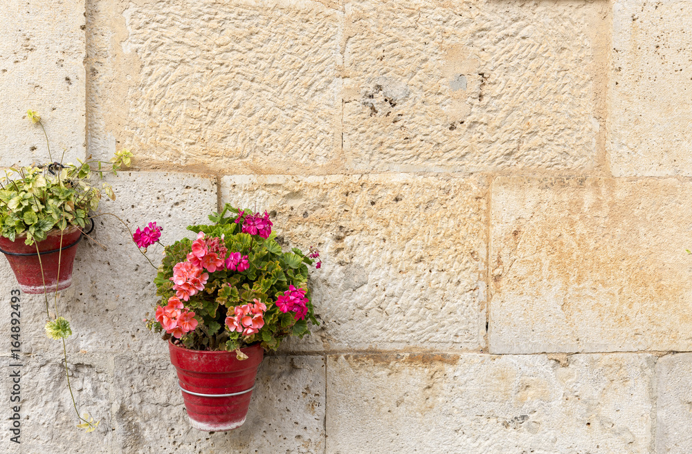 Naklejka premium flowerpots on a stone made wall with geranium flowers for decoration