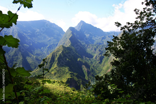 The volcanic tropical hills and valleys of Reunion Island, off the coast of Africa