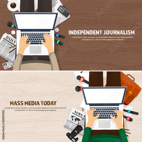 Mass media background in a flat style.Press conference with correspondent and reporter.Broadcasting.Multimedia news,newspaper.Tv show. Internet radio, television. Microphone.