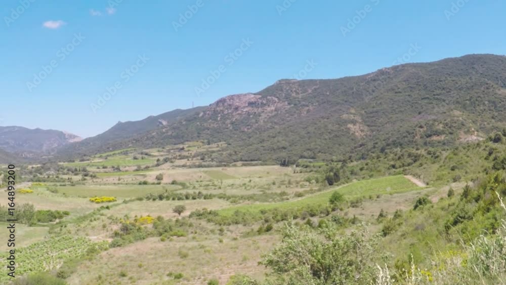 POV. point panorama view of small village Cucugnan. Front camera view from hill. POV. point panorama view of small village Cucugnan. Front camera view from hill.