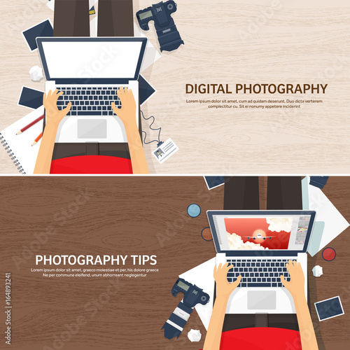 Photographer equipment on a table. Photography tools, photo editing, photoshooting flat background. Digital photocamera with lens. Vector illustration.