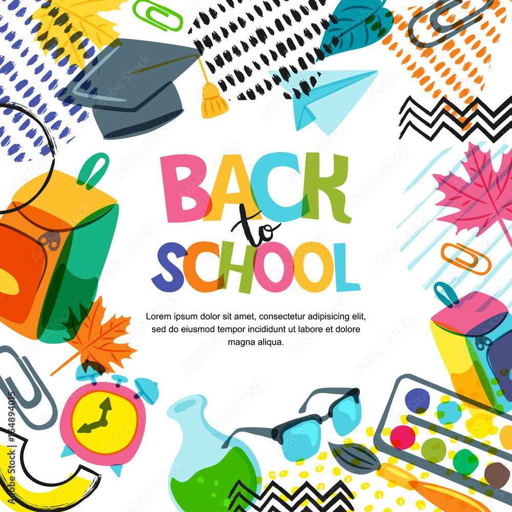 Vector back to school banner, poster background. Hand drawn lettering and  doodle color school supplies on white background. Education concept. Stock  Vector | Adobe Stock