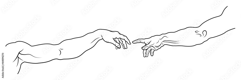 The Creation of Adam. The hand of Man and The hand of God. A section of Michelangelo's fresco Sistine Chapel ceiling painted c.1511. (Long full fragment: detailed vector outline drawing).