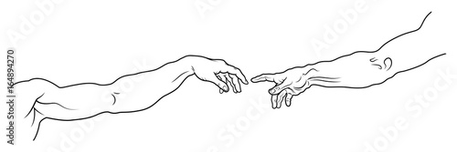 The Creation of Adam. The hand of Man and The hand of God. A section of Michelangelo's fresco Sistine Chapel ceiling painted c.1511. (Long full fragment: detailed vector outline drawing).