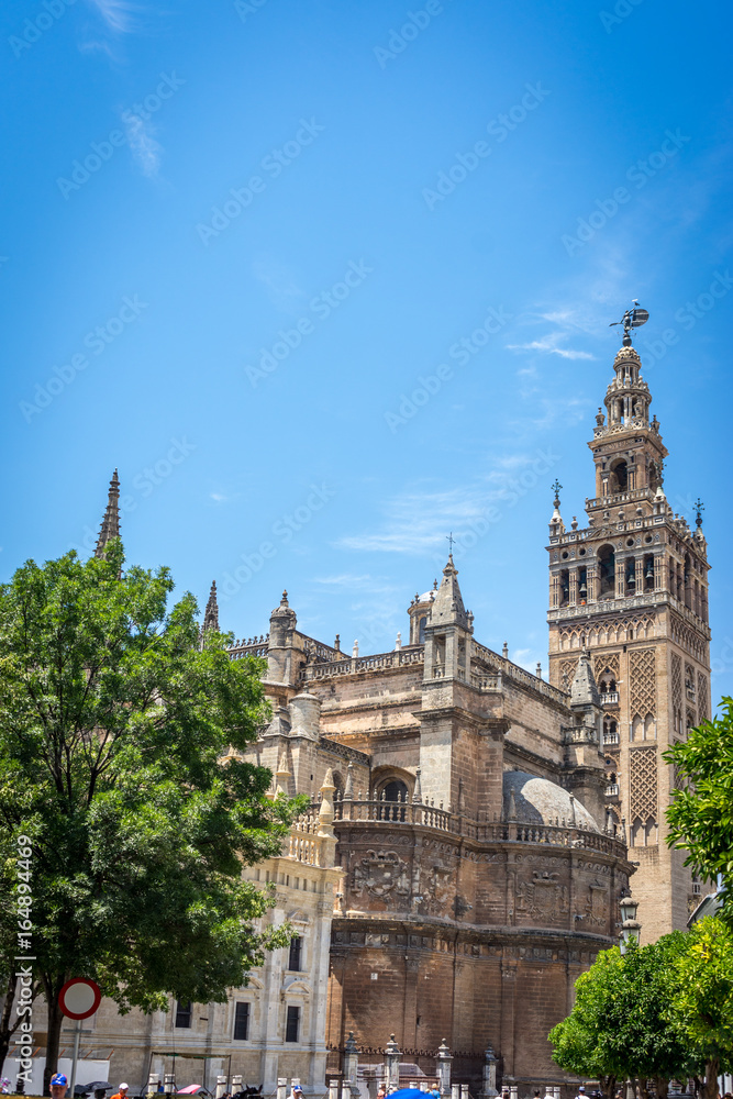 The Giralda bell tower with the cathedral in Seville, Spain, Europe