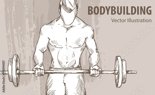 Hand sketch of a man with a barbell. Vector sport illustration. Graphic silhouette of the athlete on background.