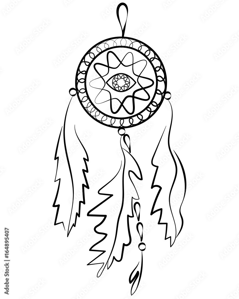 Dreamcatcher. Indian mascot with feathers and amulets from the evil eye. Vector illustration, isolated on white. Ethnic design, boho chic, hipster. Element of design for clothing, interior decoration Dreamcatcher. Indian mascot with feathers and amulets from the evil eye. Vector illustration, isolated on white. Ethnic design, boho chic, hipster. Element of design for clothing, interior decoration