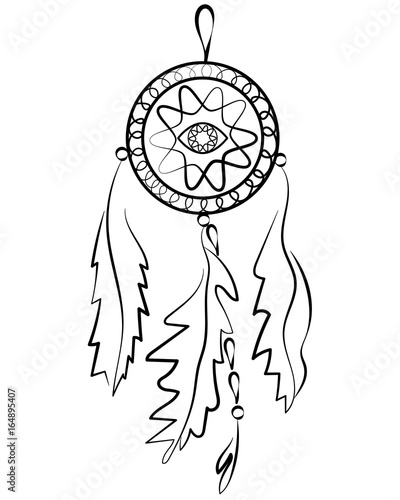 Dreamcatcher. Indian mascot with feathers and amulets from the evil eye. Vector illustration, isolated on white. Ethnic design, boho chic, hipster. Element of design for clothing, interior decoration