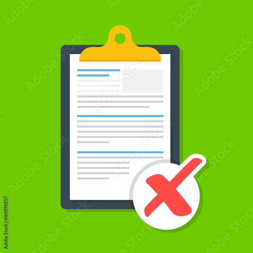 Business document on a clipboard with a cross. The icon of the rejected document. The document is not loaded successfully. Premium quality vector illustration in flat style isolated on red background.