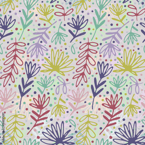 Floral hand drawn seamless pattern. Hand drawn abstract fancy leaves, flowers and grasses. Folk hand drawn style. Summer ornament. Colorful background. Repeatable backdrop.