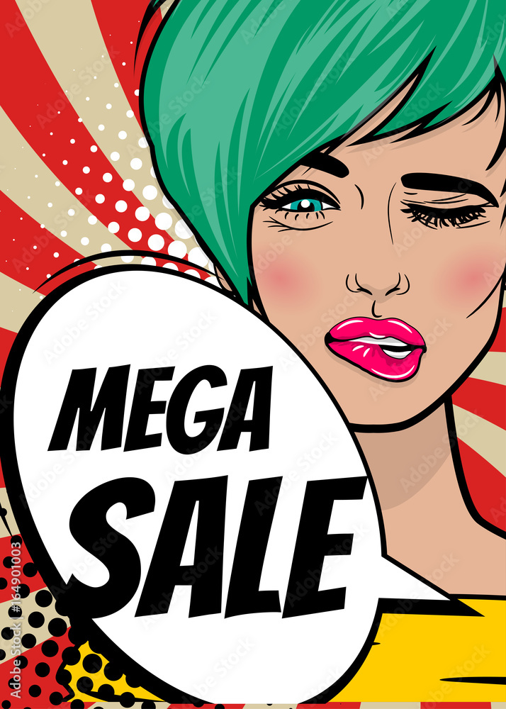 MEGA SALE. Pop art sexy woman advertise vintage poster. Comic book text  balloon speech bubble. Discount banner vector retro illustration. Girl  comic wow face surprised marketing special offer. Stock Vector | Adobe