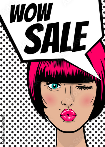 WOW Sale. Pop art sexy woman advertise vintage poster. Comic book text balloon speech bubble. Discount banner vector retro illustration. Girl comic wow face surprised marketing special offer.