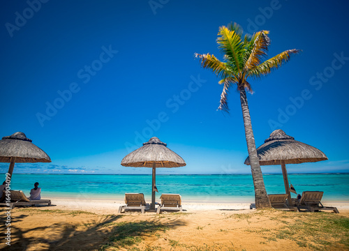 Am Strand von Mauritius, Palme mit Liegen, weißem Sand und dem Meer