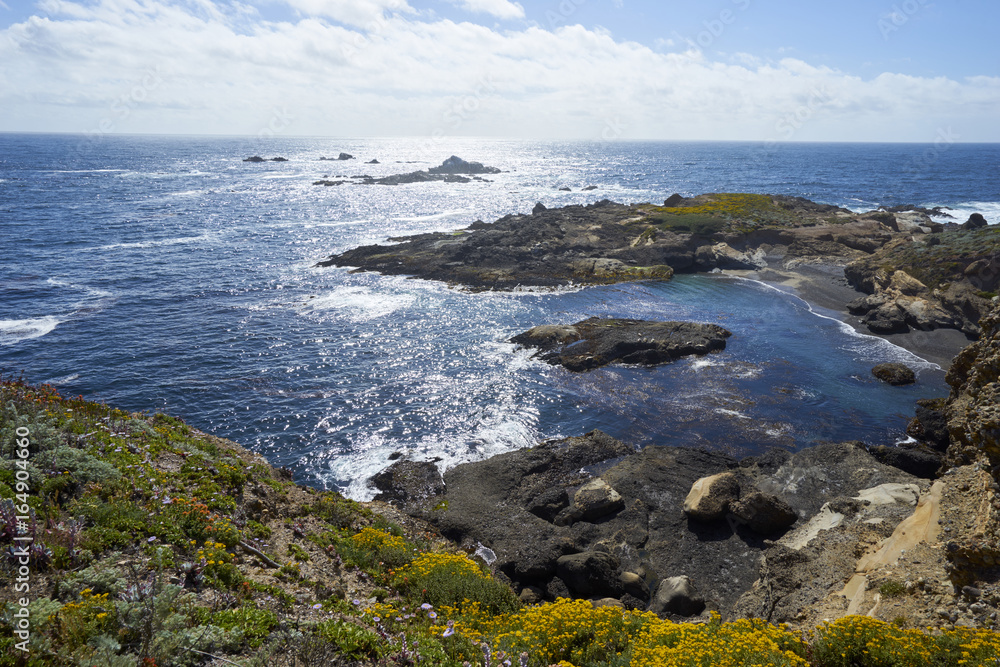 waves are crashing against coastal rock formations at California's pacific coast with the afternoon marine layer forming and bringing mist towards land waves are crashing against coastal rock formations at California's pacific coast with the afternoon marine layer forming and bringing mist towards land