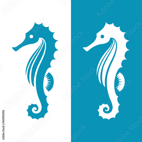 Seahorse silhouette in blue and white colors.