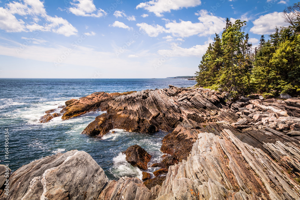 Fototapeta premium Scenic rocky shoreline in La Verna Preserve in Bristol, Maine, on a beautiful summer day