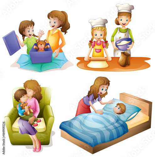 Mother and child doing different activities