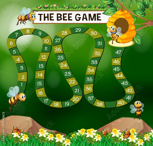 Game template with bees flying in garden