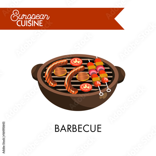 Barbecue on grill from European cuisine isolated illustration