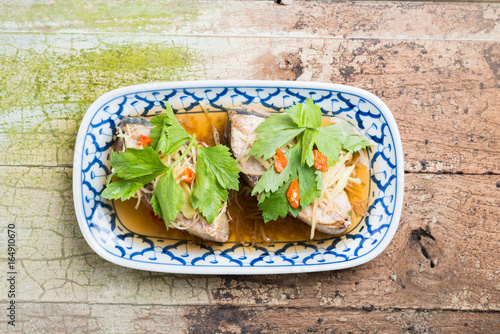 Obraz na płótnie Steamed snapper fish with soy sauce Celery and ginger