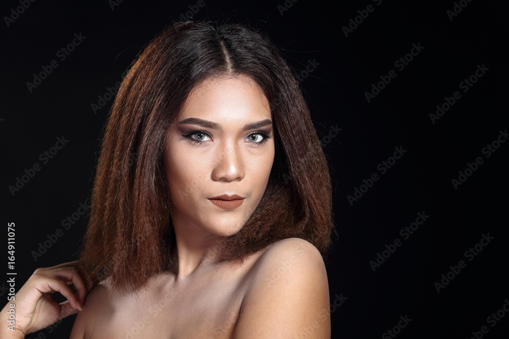 Clean Skin Woman straight brown hair with Smooth pose open shoulder smile Clean Skin Woman straight brown hair with Smooth pose open shoulder smile