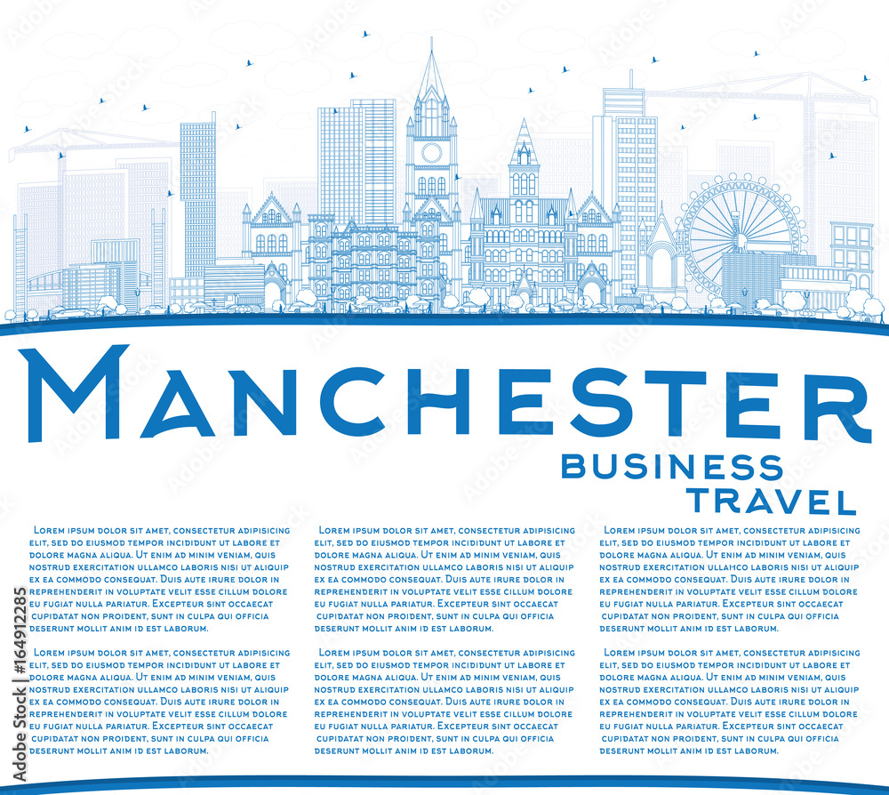 Outline Manchester Skyline with Blue Buildings and Copy Space. Outline Manchester Skyline with Blue Buildings and Copy Space.