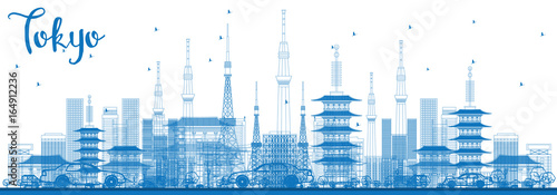 Outline Tokyo Skyline with Blue Buildings.