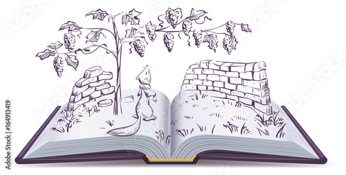 Fox and grapes. Open book fable illustration