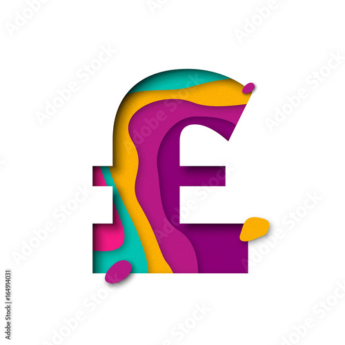 Paper cut Pound symbol currency sign. Realistic 3D multi layers papercut effect