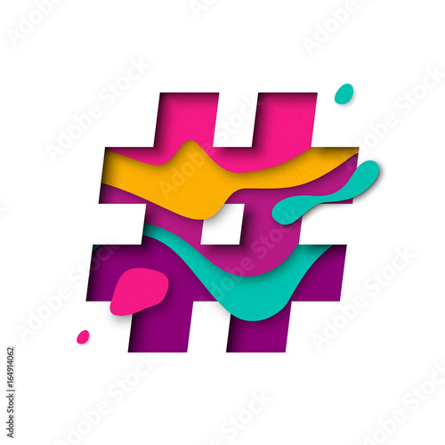 Paper cut Hashtag symbol sign. Realistic 3D multi layers papercut effect