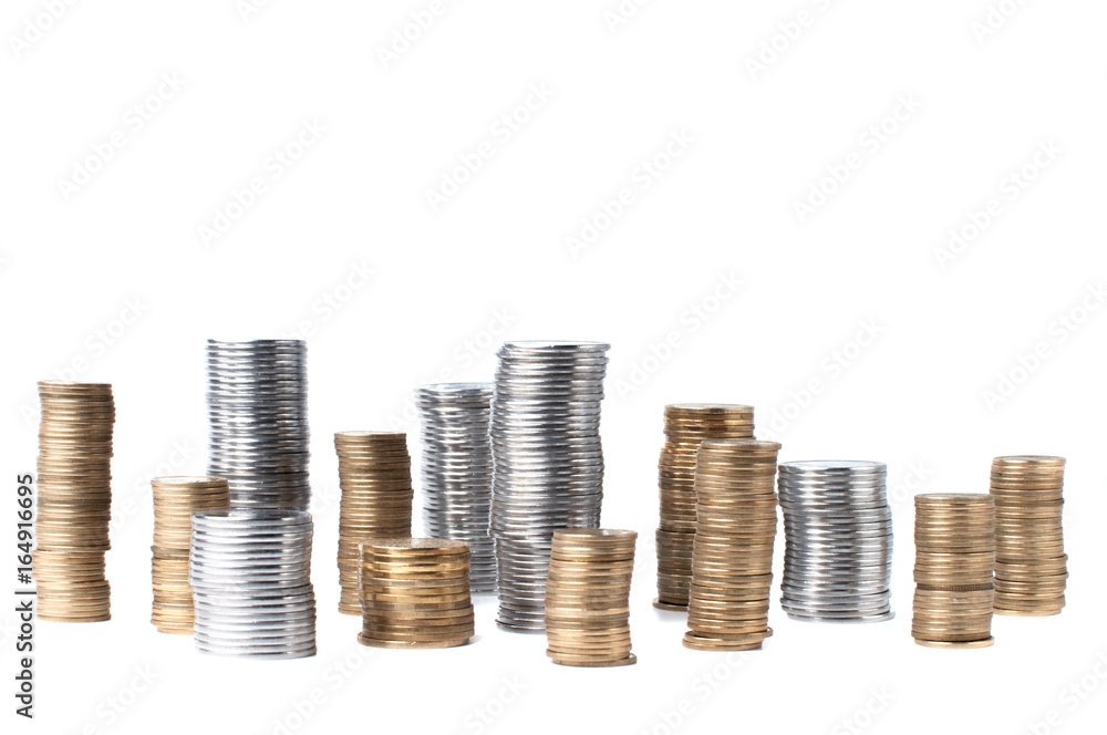 Stack of gold and silver coins isolated on white background, Financial, Business Growth concept. Stack of gold and silver coins isolated on white background, Financial, Business Growth concept.
