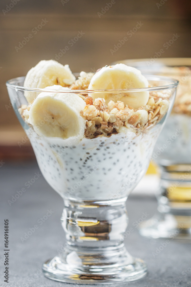 Yogurt with Chia seeds, banana, nuts and granola. Healthy Breakfast. Selective focus Yogurt with Chia seeds, banana, nuts and granola. Healthy Breakfast. Selective focus