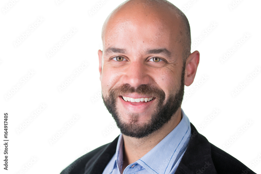 Closeup portrait, professional man with goatee beard in dark blazer and blue shirt, isolated white background